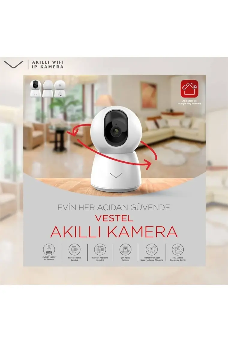 Vestel Akıllı WiFi IP Kamera - Full HD 1080p, 355° Dönme ve 60° Eğilme, Beyaz, 10m Gece Görüşü, 2.4G Kablosuz Bağlantı