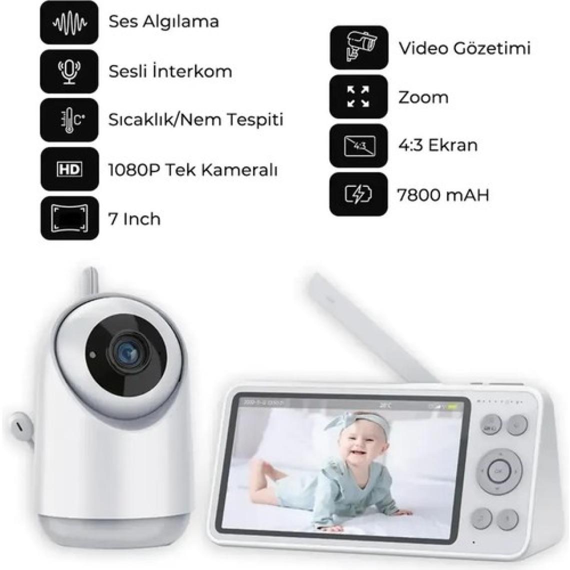 Enshall Yeni Gece Görüşlü Bonoch 7'' 1080P Hd Şarjlı 7800MAH Bebek Izleme Monitör ve Kamerası