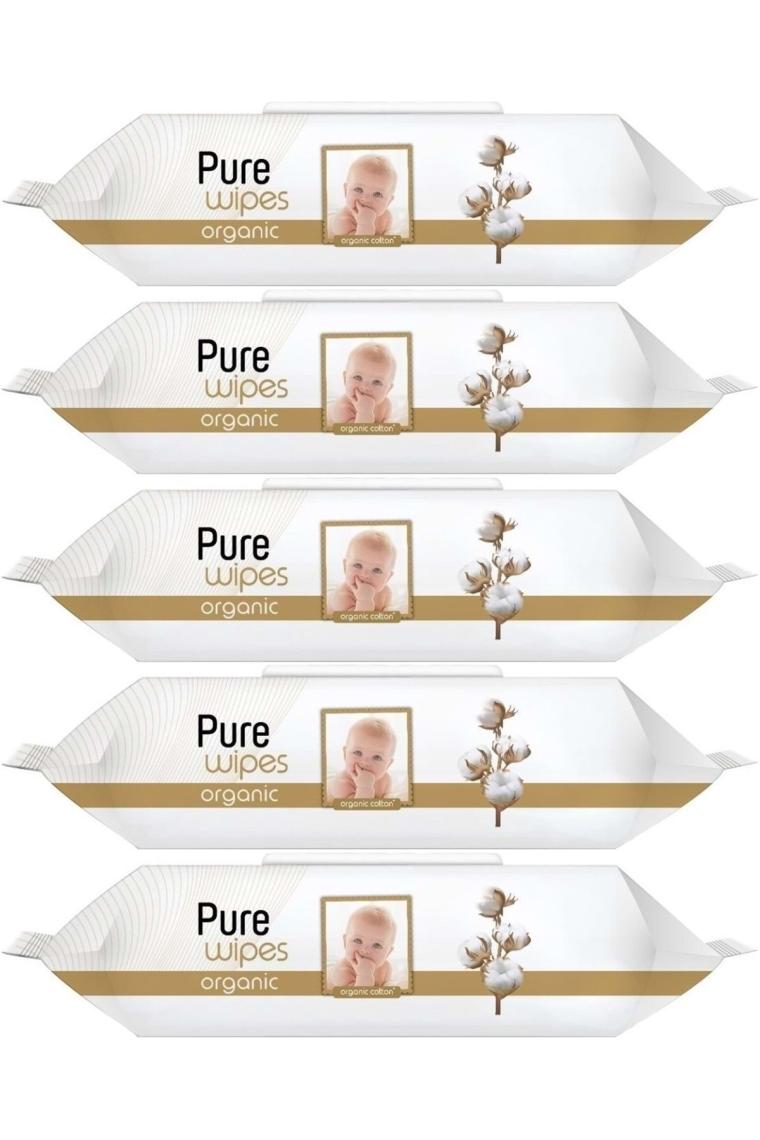 Pure Baby Islak Havlu Mendil 90 Yaprak Yenidoğan Organic Pamuklu (5 Li Set) 450 Yaprak Plstk Kapak