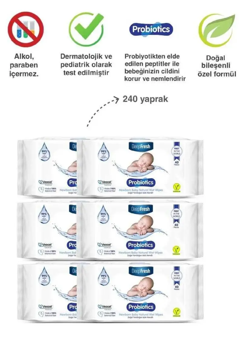 Deep Fresh Probiyotik Doğal Yenidoğan Islak Mendil 6 x 40 Yaprak