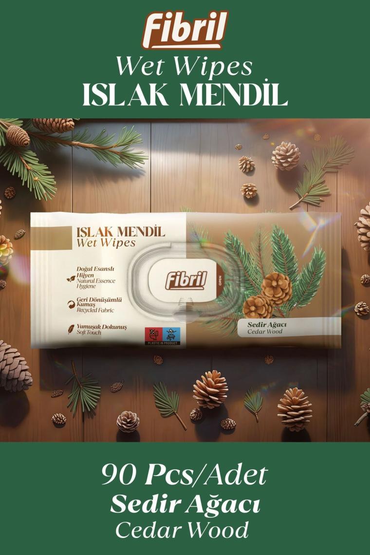 Fibril Sedir Ağacı Kokulu Islak Mendil 12X90 Lı Paket 1080YAPRAK Doğal Esans , Geri Dönüştürülebilir Kumaş