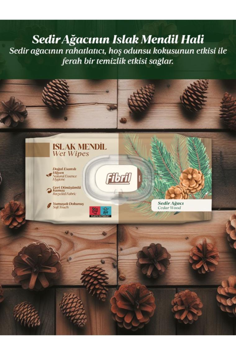 Fibril Sedir Ağacı Kokulu Islak Mendil 12X90 Lı Paket 1080YAPRAK Doğal Esans , Geri Dönüştürülebilir Kumaş