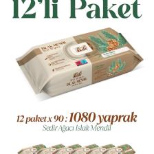 Fibril Sedir Ağacı Kokulu Islak Mendil 12X90 Lı Paket 1080YAPRAK Doğal Esans , Geri Dönüştürülebilir Kumaş