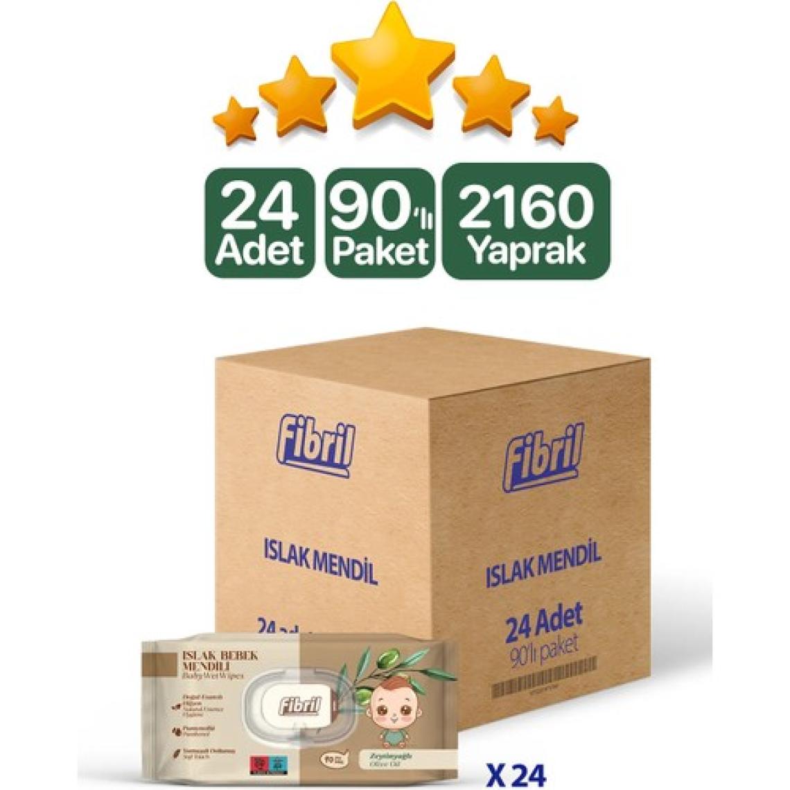 Fibril Zeytinyağlı Islak Bebek Mendili 24x90 Lı Paket 2160 Yaprak Doğal esans ve  geri dönüştürülebilir kumaş