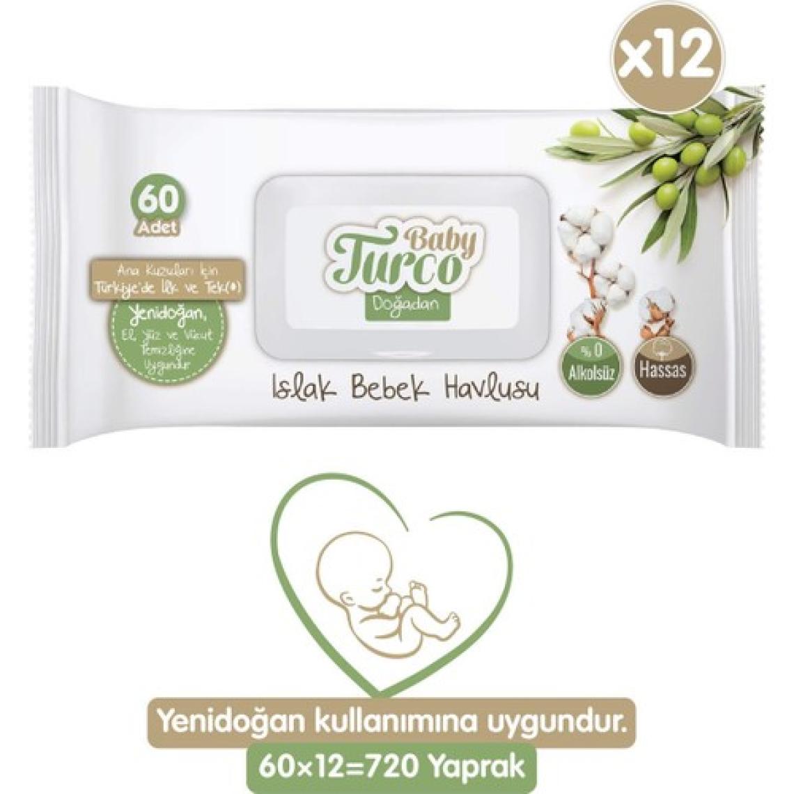 Baby Turco Doğadan Yenidoğan Islak Bebek Havlusu 12x60 Yaprak