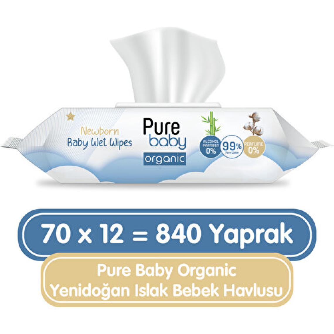 Pure Baby Organic Yenidoğan 70 Yaprak 12'li Paket Islak Havlu