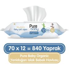Pure Baby Organic Yenidoğan 70 Yaprak 12'li Paket Islak Havlu