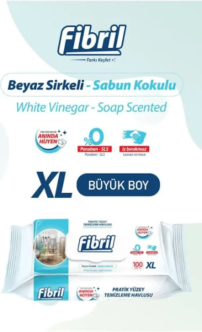 Fibril Pratik Yüzey Temizlik Havlusu Beyaz Sirkeli Sabun Kokulu 2 x 100 (Toplam 200 Yaprak)