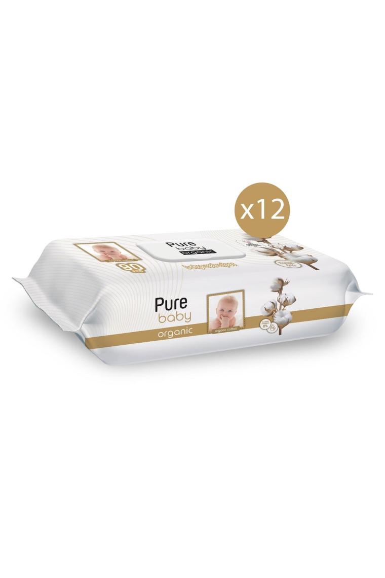 Pure Baby Organik Pamuklu 90 Yaprak 12'li Paket Islak Havlu