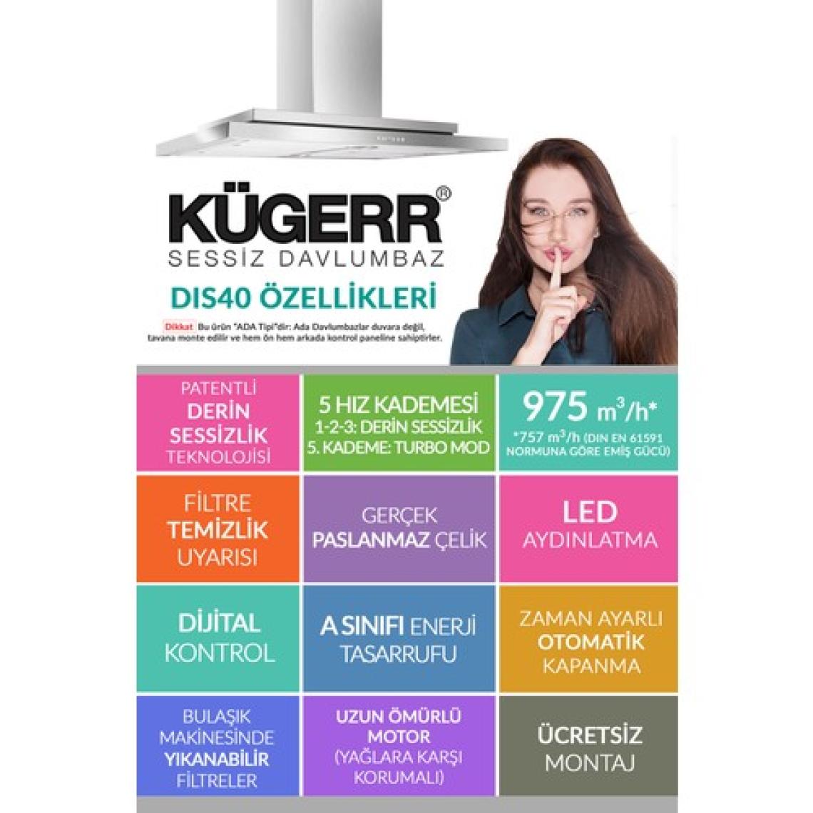 Kügerr DIS40 "Dünyanın En Sessiz Davlumbazı" Inox Ada Tipi Davlumbaz