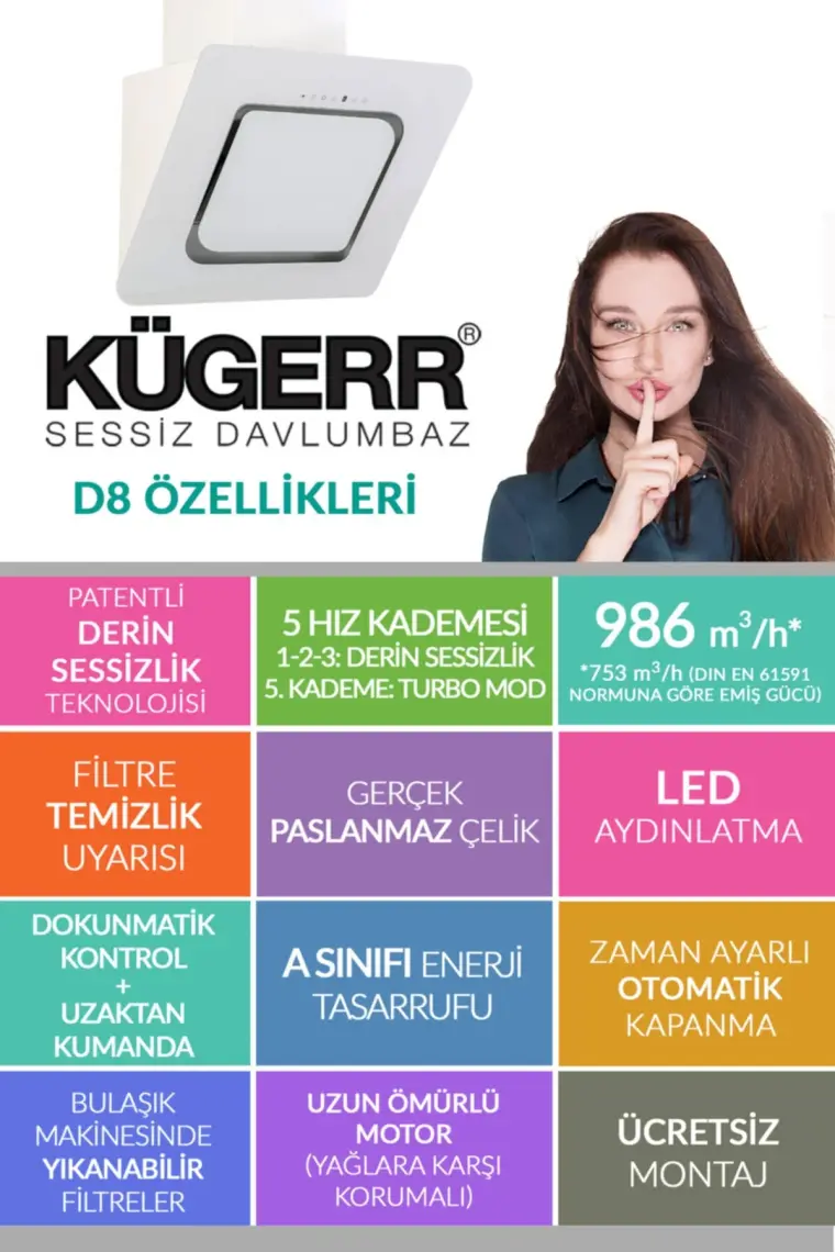 Kügerr D8 60 cm Beyaz Sessiz Davlumbaz