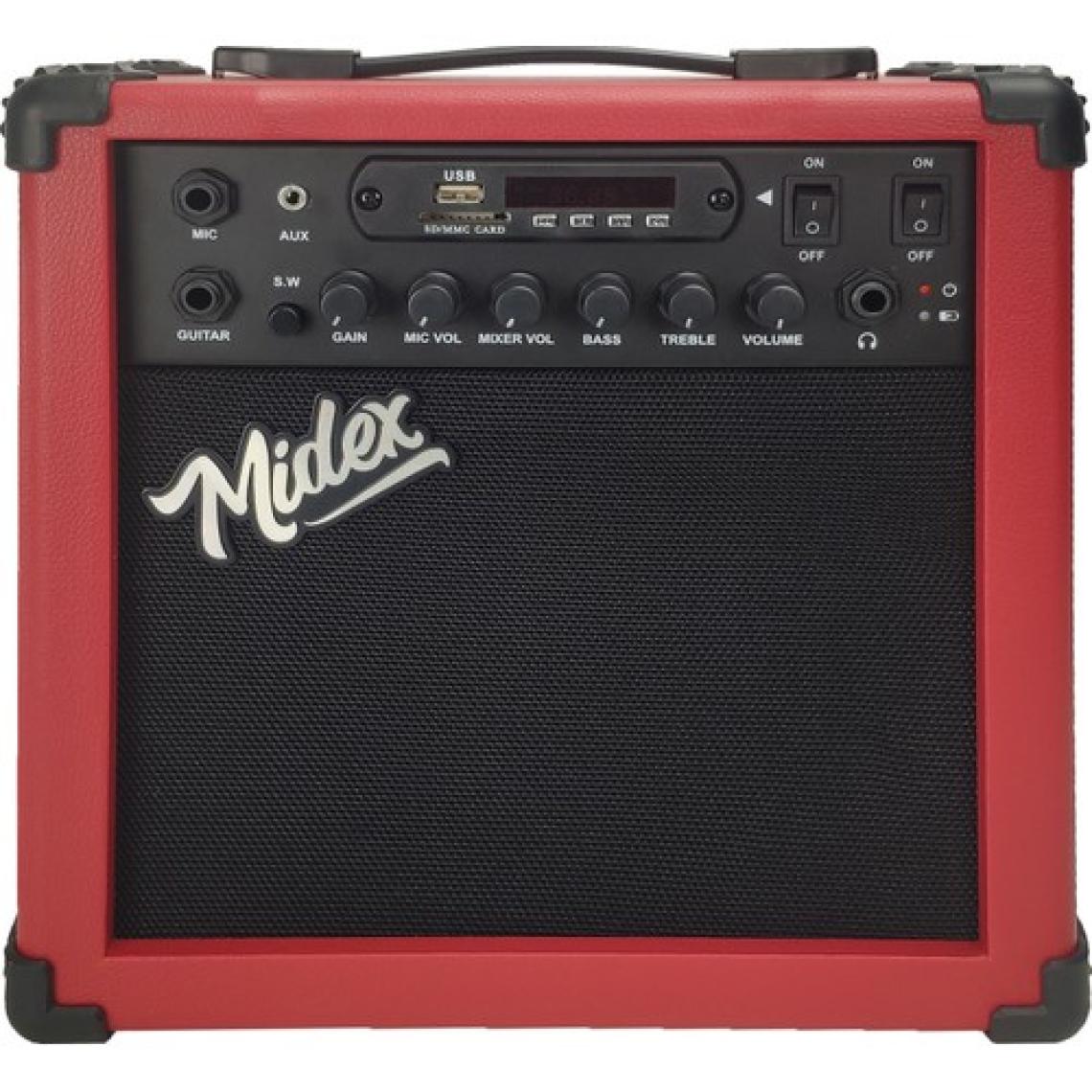 Midex MGA-25RD ELEKTRO Gitar Amfisi 25 Watt USB Bluetooth Şarjlı 2 Girişli