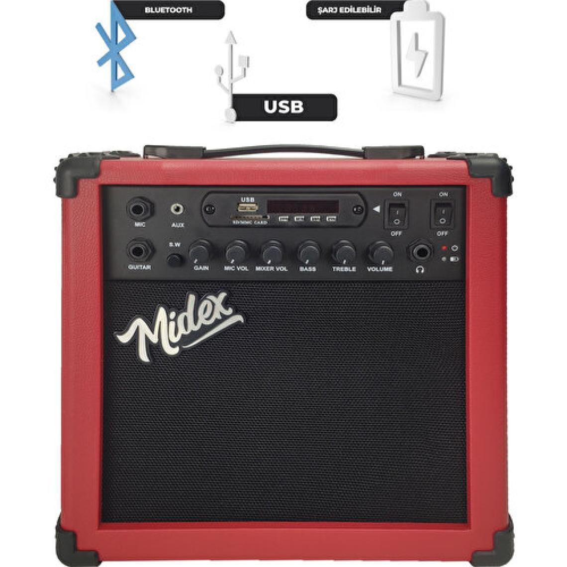 Midex MGA-25RD ELEKTRO Gitar Amfisi 25 Watt USB Bluetooth Şarjlı 2 Girişli