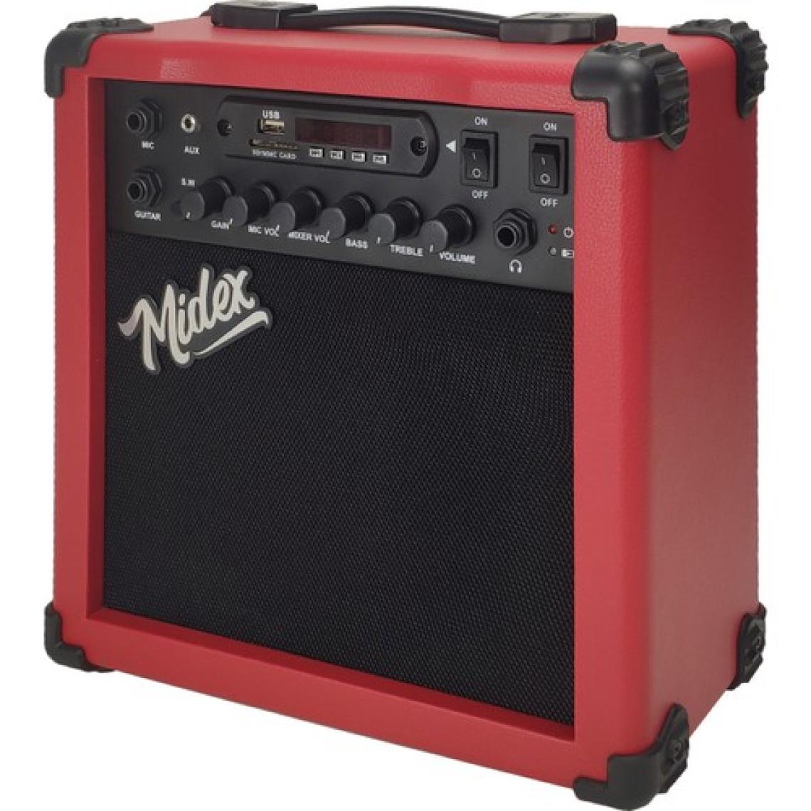 Midex MGA-25RD ELEKTRO Gitar Amfisi 25 Watt USB Bluetooth Şarjlı 2 Girişli