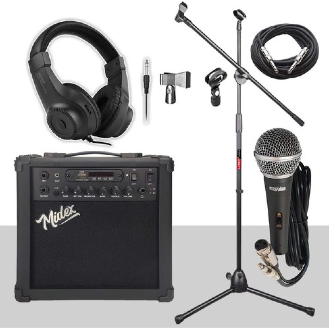 Midex MGA-25BK-PAK Elektro Gitar Amfisi 25 Watt USB Bluetooth ve Şarjlı (Amfi Mikrofon Stand Kulaklık Jack Kablo)