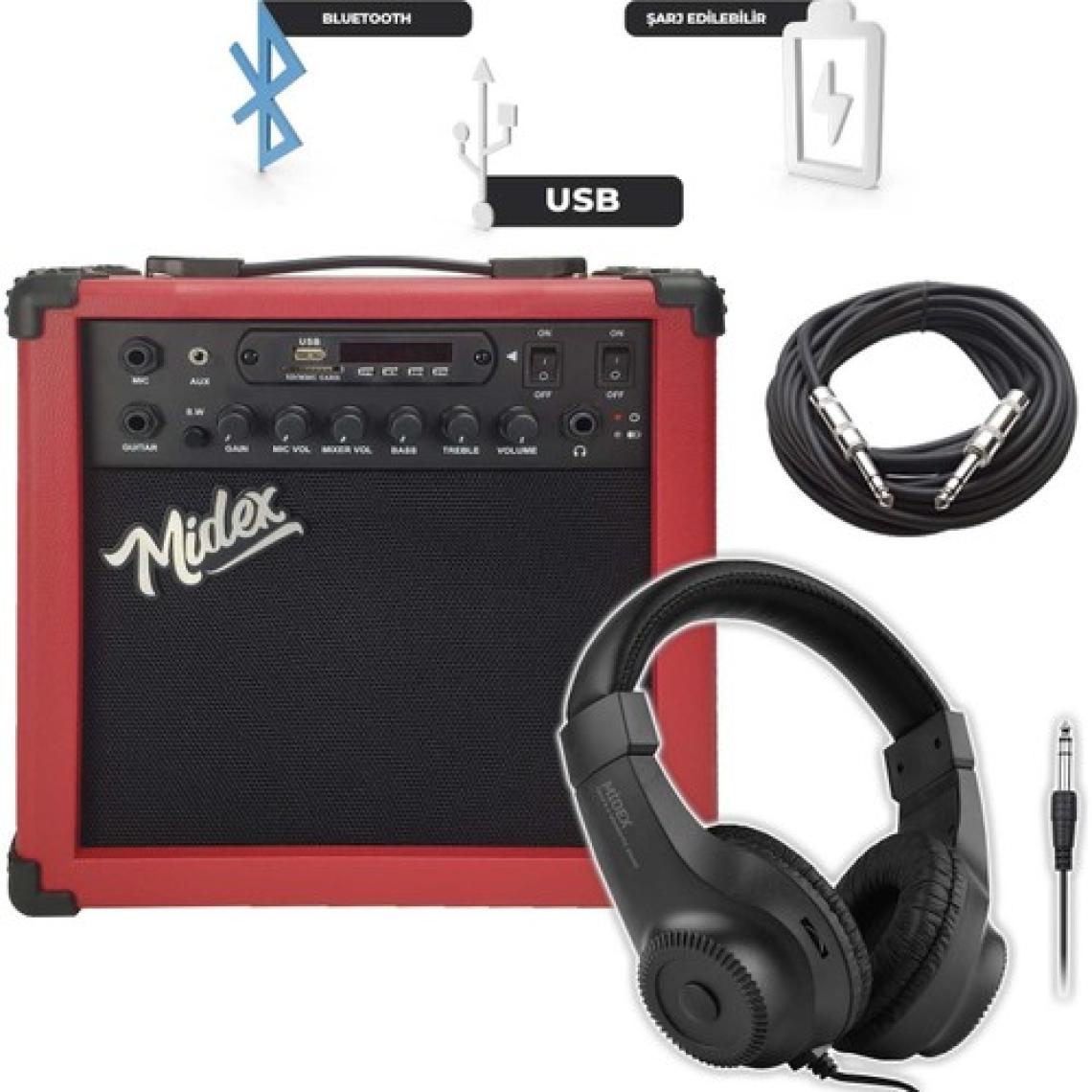 Midex MGA-25BK-PAK Elektro Gitar Amfisi 25 Watt USB Bluetooth ve Şarjlı (Amfi Mikrofon Stand Kulaklık Jack Kablo)