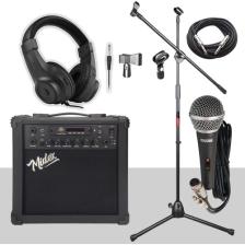 Midex MGA-25BK-PAK Elektro Gitar Amfisi 25 Watt USB Bluetooth ve Şarjlı (Amfi Mikrofon Stand Kulaklık Jack Kablo)