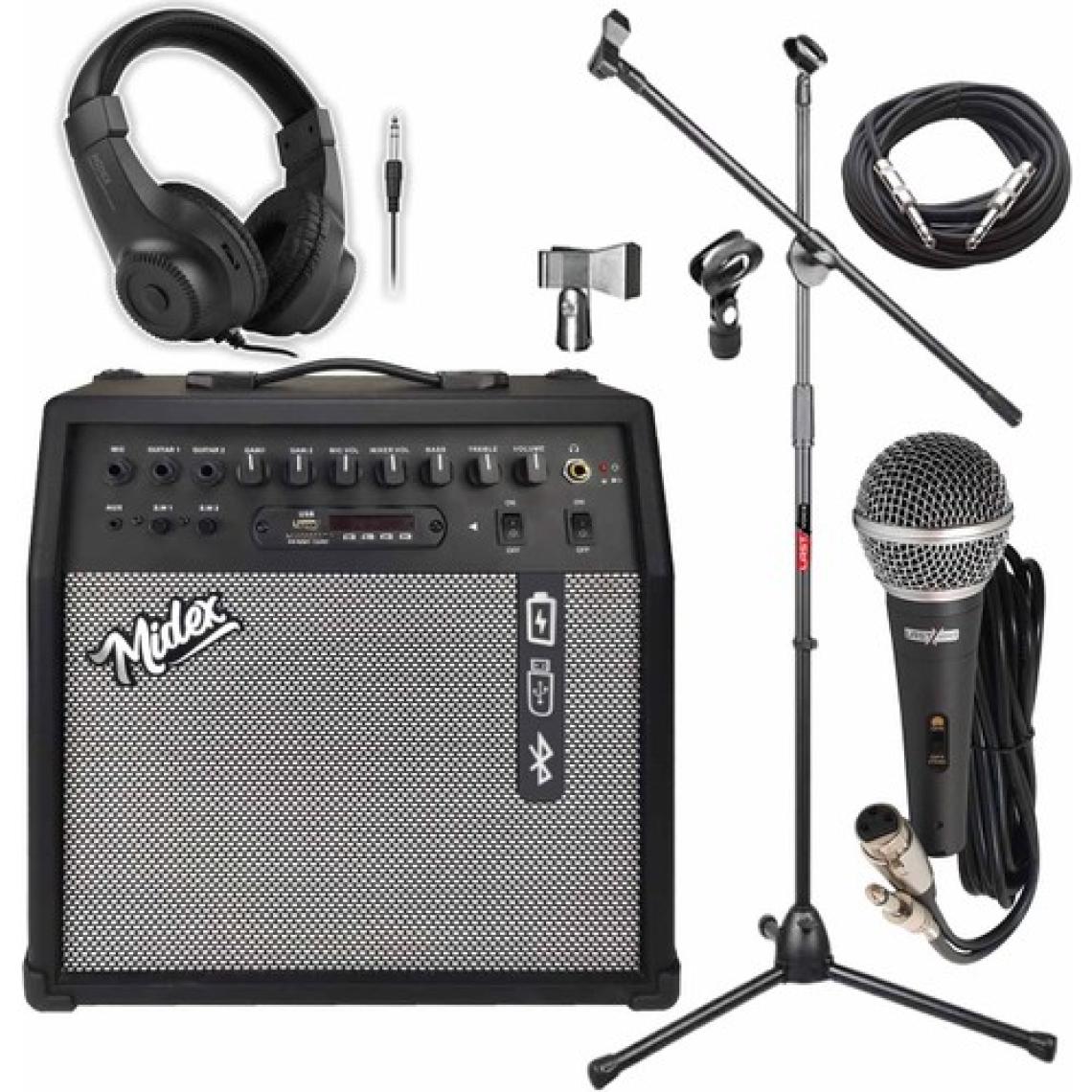 Midex Mga-50-Pak Elektro Gitar Amfisi 50 Watt USB Bluetooth Şarjlı 4 Girişli (Mikrofon Kulaklık Stand Kablo)