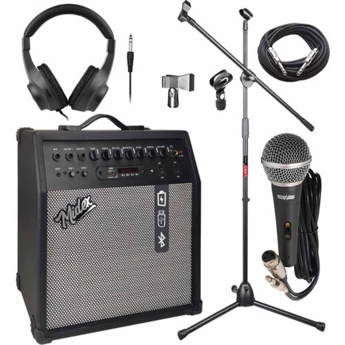 Midex Mga-50-Pak Elektro Gitar Amfisi 50 Watt USB Bluetooth Şarjlı 4 Girişli (Mikrofon Kulaklık Stand Kablo)