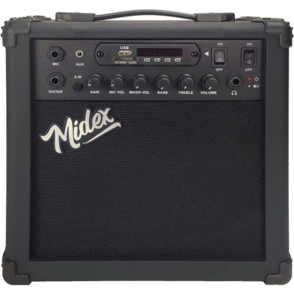 Midex MGA-25XBK Elektro Gitar Amfisi 25 Watt USB Bluetooth Şarjlı 2 Girişli