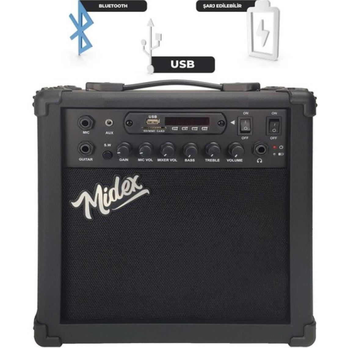 Midex MGA-25XBK Elektro Gitar Amfisi 25 Watt USB Bluetooth Şarjlı 2 Girişli