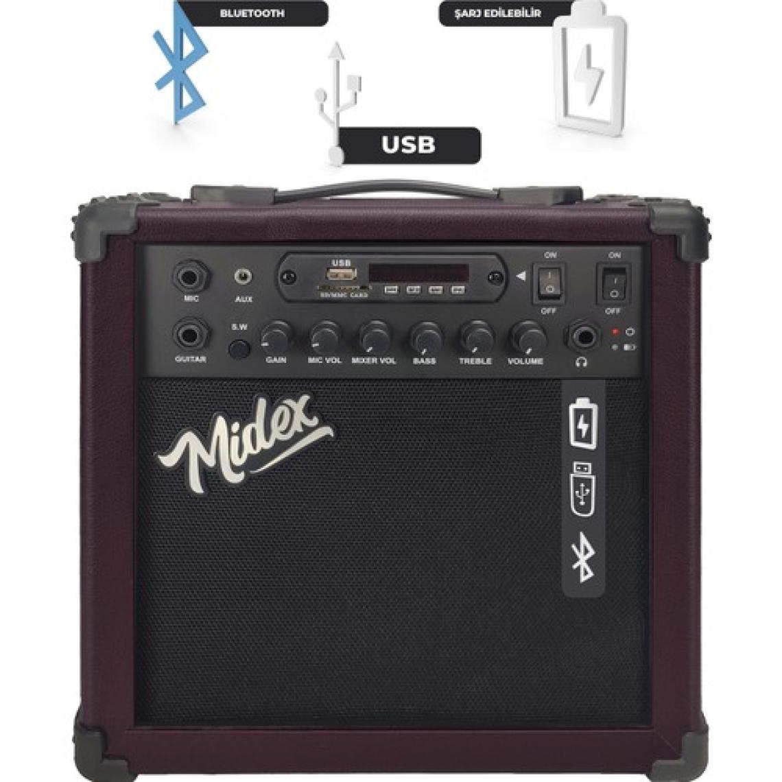 Midex MGA-25BN Elektro Gitar Amfisi 25 Watt USB Bluetooth Şarjlı 2 Girişli