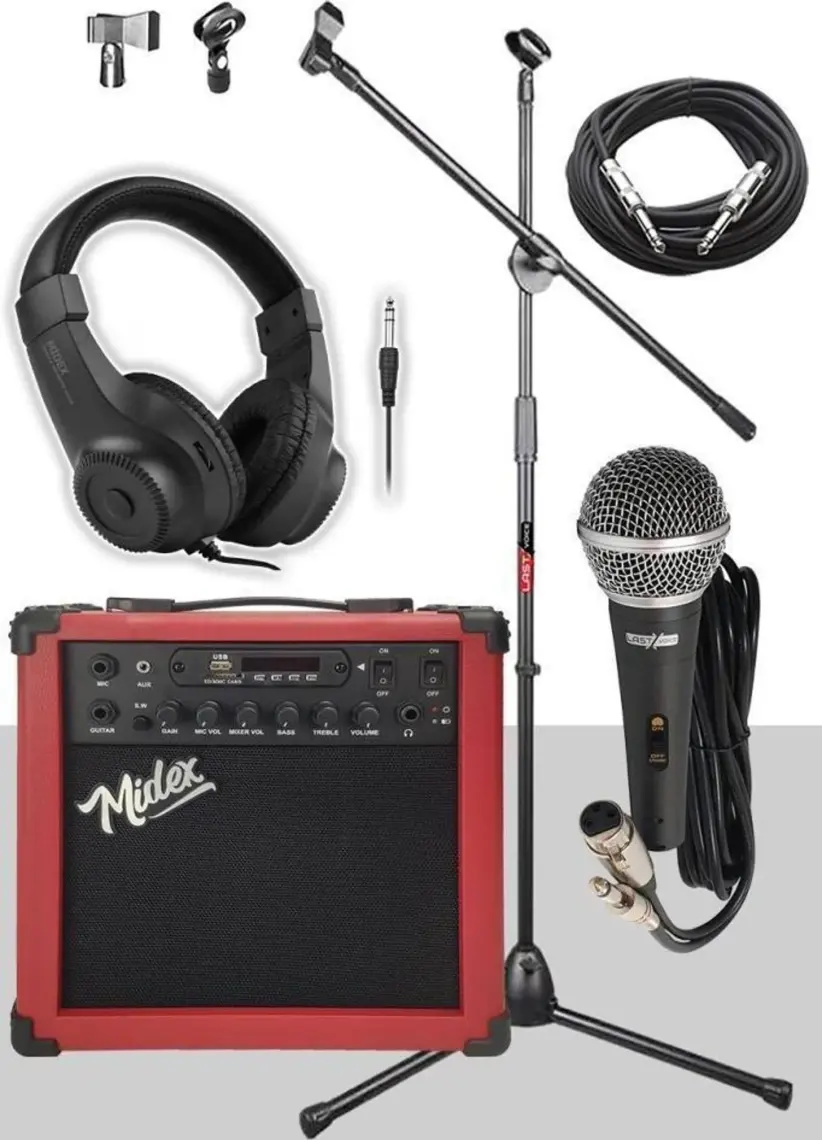 Midex MGA-25RD-PAK Elektro Gitar Amfisi 25 Watt USB Bluetooth ve Şarjlı (Amfi Mikrofon Stand Kulaklık Jack Kablo)
