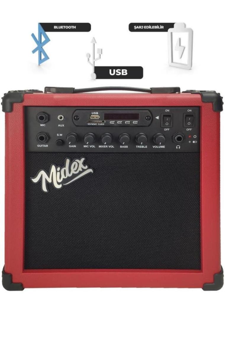 Midex MGA-25RD ELEKTRO Gitar Amfisi 25 Watt USB Bluetooth Şarjlı 2 Girişli