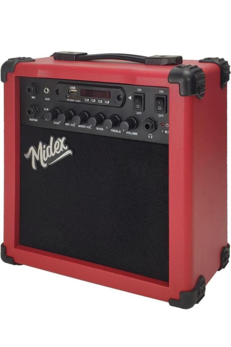 Midex MGA-25RD ELEKTRO Gitar Amfisi 25 Watt USB Bluetooth Şarjlı 2 Girişli