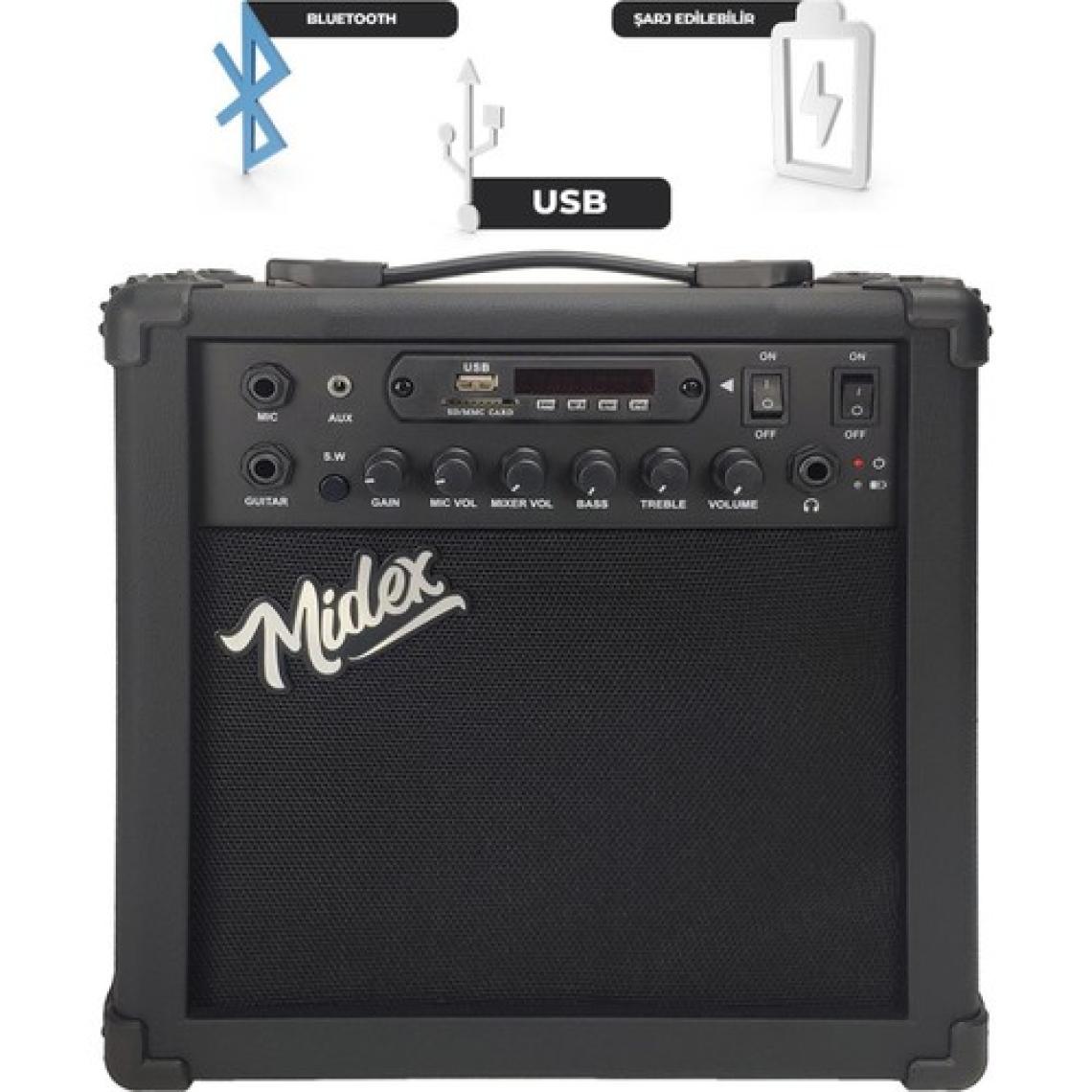 Midex MGA-25BK Şarjlı Elektro Gitar Amfisi 25 WATT Gain Bluetooth Usb Distortion