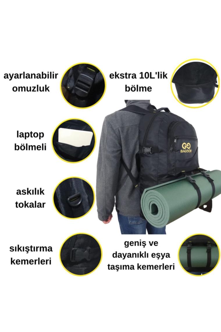 65 Litre Körüklü Siyah Su Geçirmez Çok Gözlü Laptop Bölmeli Kampçı-seyahat-dağcı Sırt Çantası
