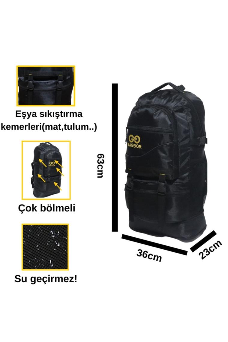 65 Litre Körüklü Siyah Su Geçirmez Çok Gözlü Laptop Bölmeli Kampçı-seyahat-dağcı Sırt Çantası