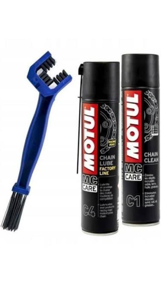 Motul Motosiklet Zincir Bakım Seti - C1 Temizleme Spreyi, C4 Yağlayıcı ve Fırça ile Tüm Zincir Tiplerine Uygun, Metal ve Plastik Parçalar için Yaz-Kış Kullanımı
