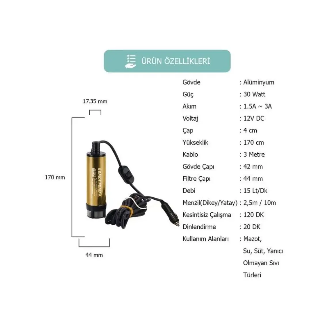 Kemos Kızılırmak 12 Volt Dalgıç Tipi Sıvı Aktarma Pompası(Filtreli + Arapuarlı + Çakmaklıklı)