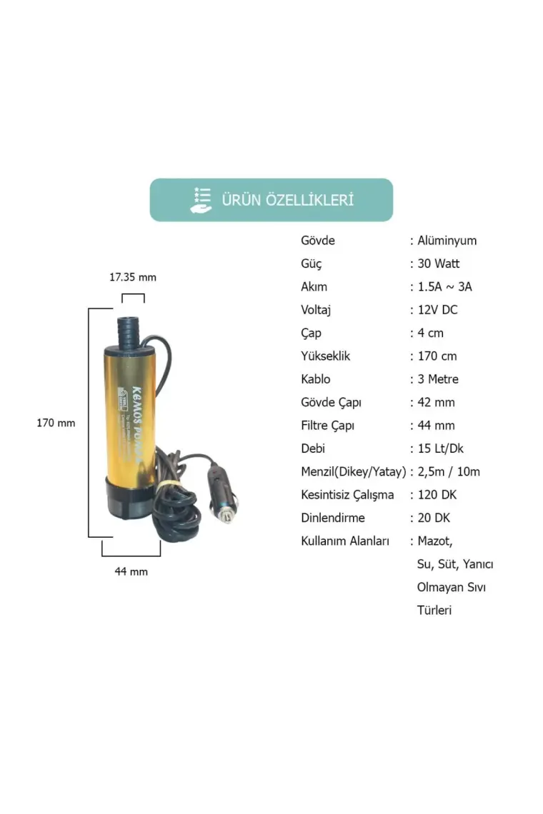 Kemos Kızılırmak 12 Volt Dalgıç Tipi Sıvı Aktarma Pompası(Filtreli + Çakmaklık)