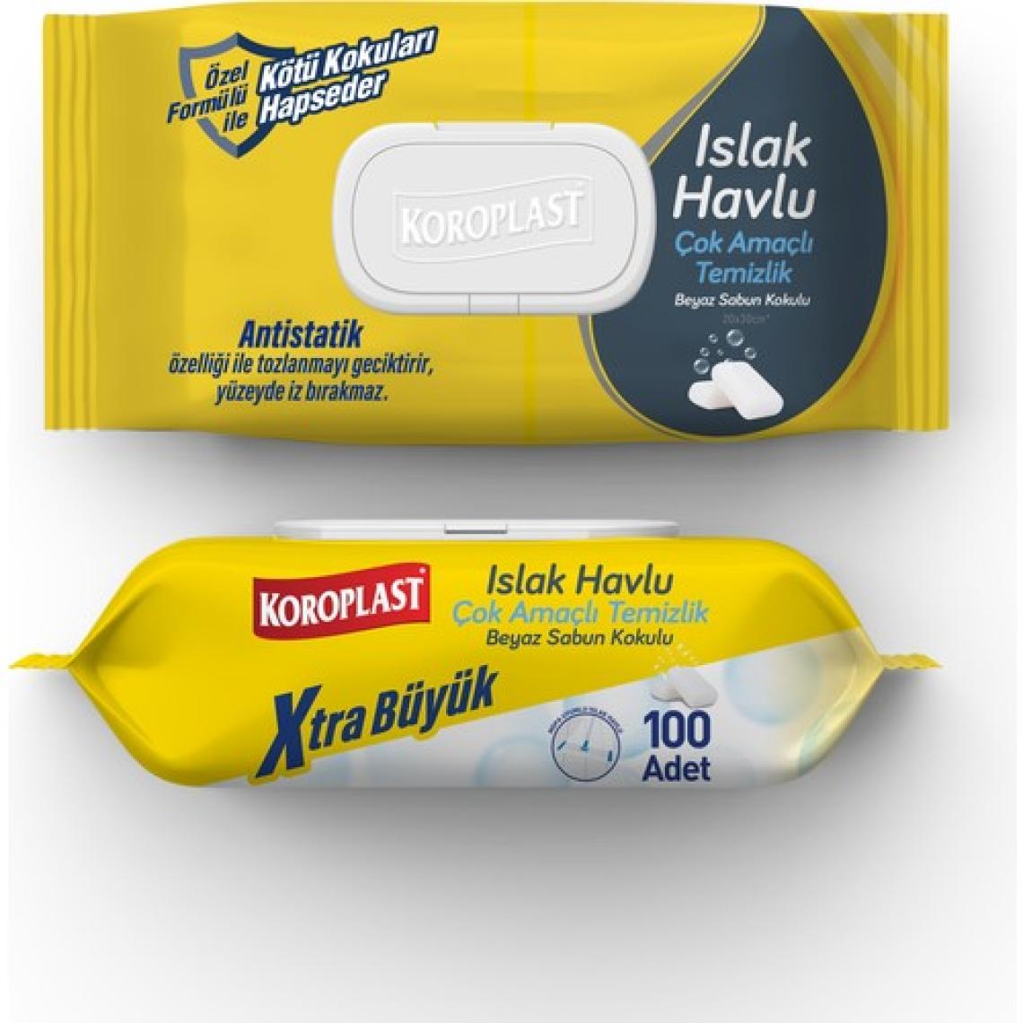 Koroplast 100'LÜ Çok Amaçlı Islak Temizlik Havlusu Beyaz Sabun Kokulu (Extra Büyük Boy, Mop Uyumlu)