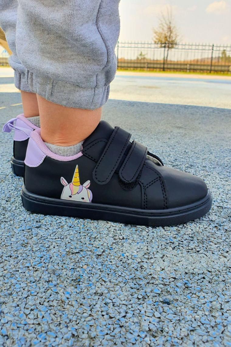 First Step Unicorn Baskılı Siyah Cırt Cırtlı Kız Çocuk Günlük Sneaker Spor AYAKKABI-S-1006