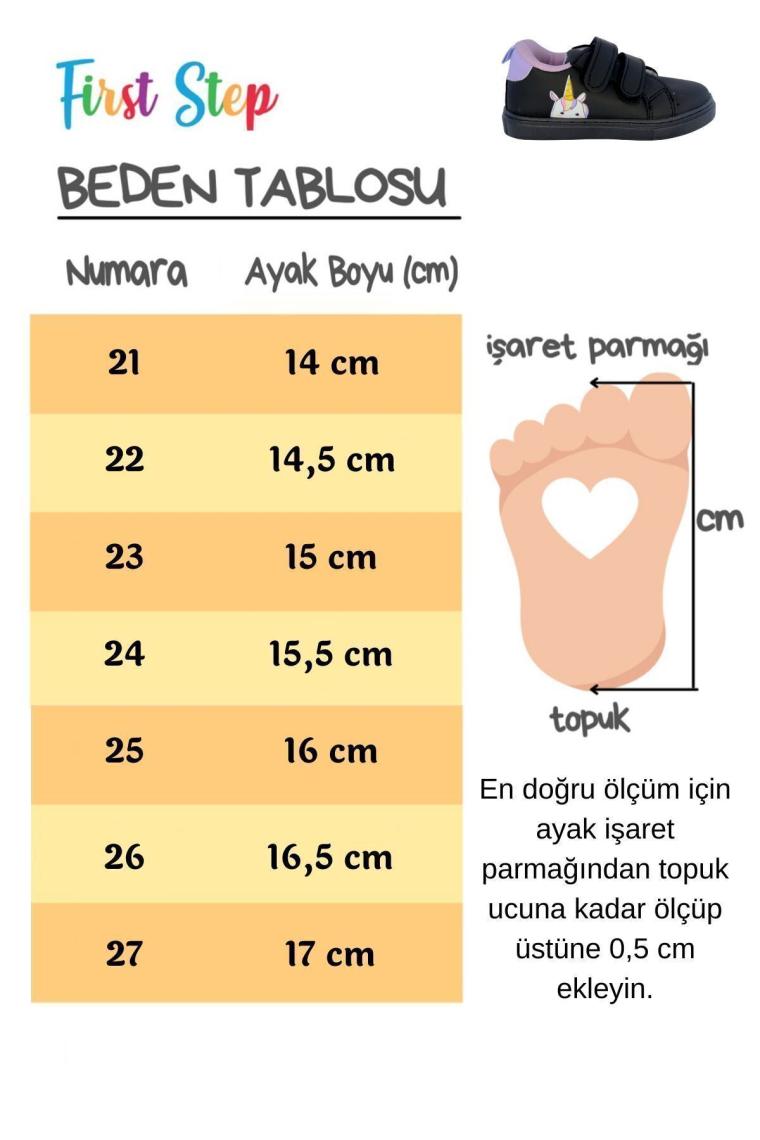 First Step Unicorn Baskılı Siyah Cırt Cırtlı Kız Çocuk Günlük Sneaker Spor AYAKKABI-S-1006