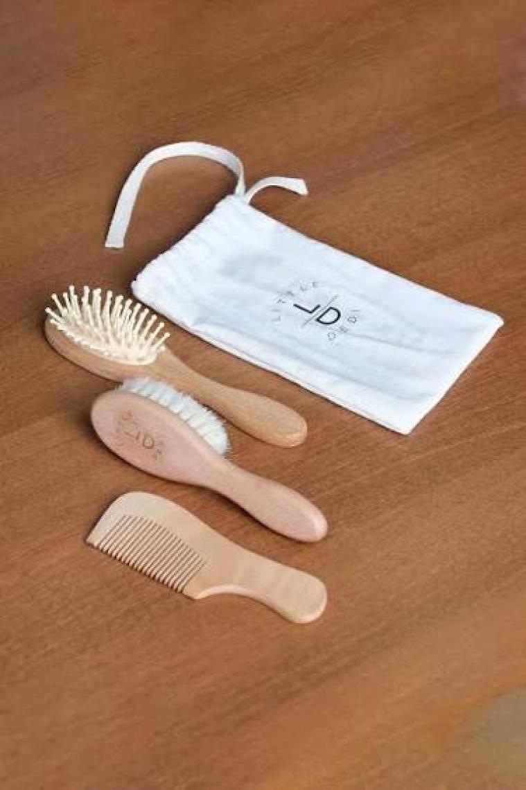 Little Dedi Ld %100 Keçi Kılı Doğal Bebek Saç Fırçası ve Doğal Kayın Ahşap Tarak 3 Lü Set Mini Boy