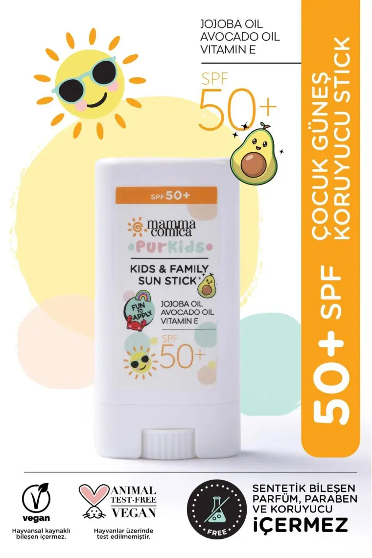 MammaComica Dough Purkids Yüksek Korumalı Bebek Çocuk Güneş Koruyucu Stick Yeni Nesil Organik Filtre Uva Uvb SPF50+ Pa+++ 14GR