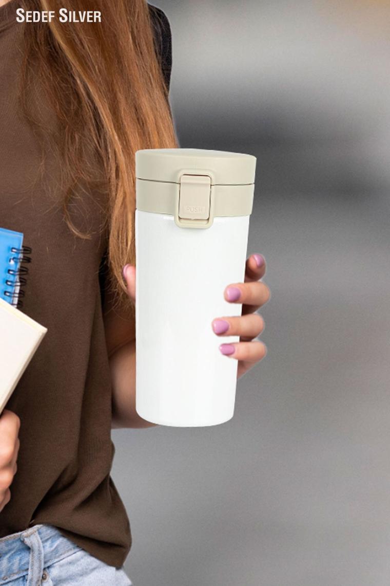 Tek El Bas Iç Paslanmaz Çelik Termos 380 ml Push Sızdırmaz Çift Katmanlı Travel Mug Thermos 522