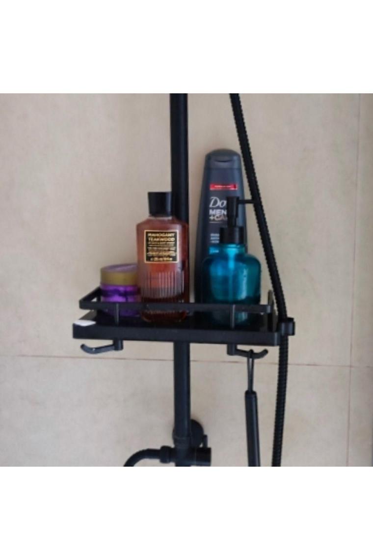Siyah Duş Borusuna Sabitlenen Banyo Duş Rafı Şampuanlık Sabunluk Organizer
