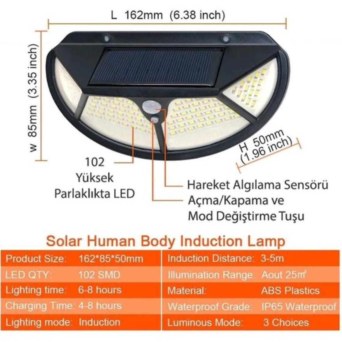 Technosmart 102 Ledli Solar Güneş Enerjili Bahçe Aydınlatması Lamba Hareket Sensörlü Oval 3 Modlu