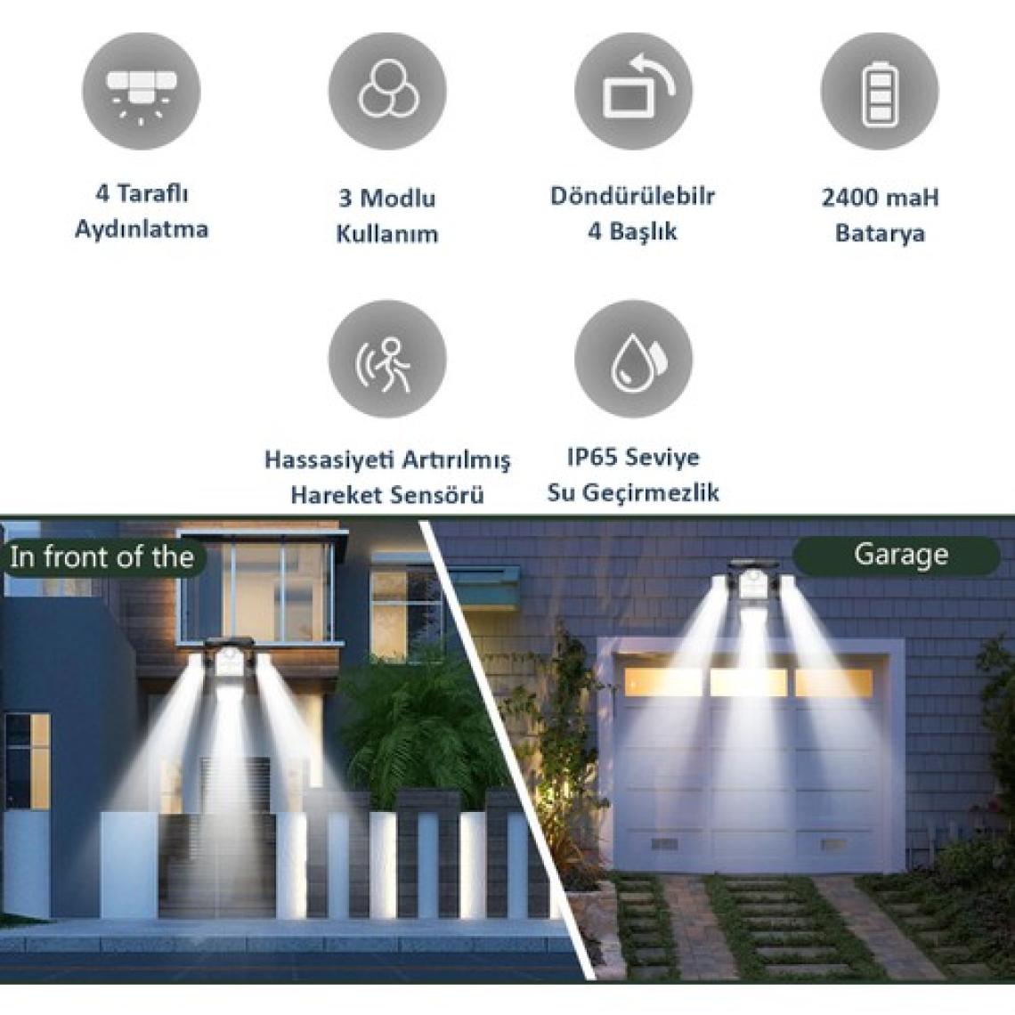 Technosmart 180COB Ledli Solar 4başlıklı Bahçe Aydınlatma Duvar Lambası Güneş Enerji Hareket Sensörl