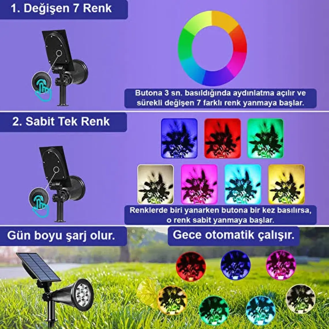 Greentech Güneş Enerjili Renk Değiştiren 7 Ledli Bahçe Işık / GT-SL04