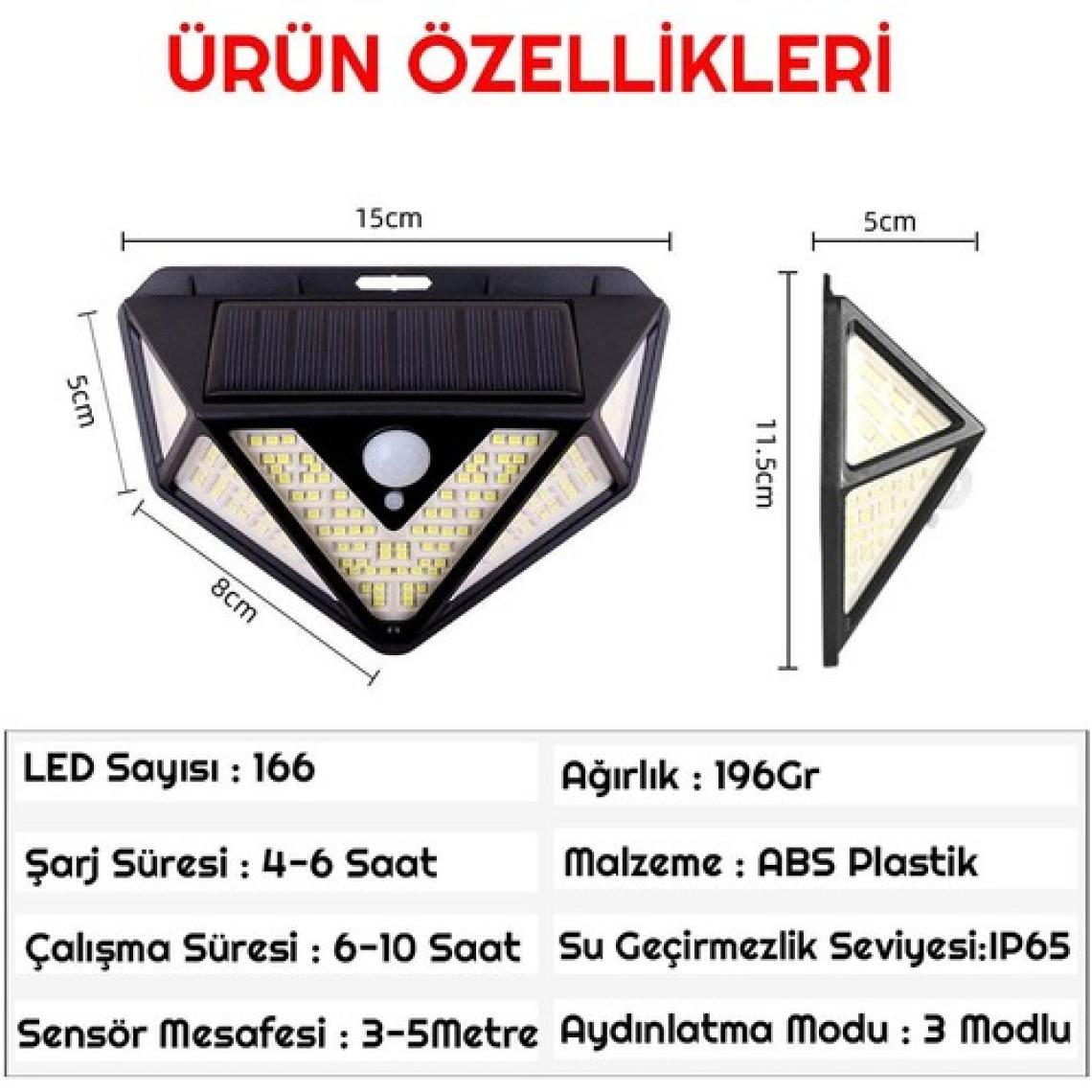 Upway 3 Adet 166 LED 3 Modlu Solar Güneş Enerjili Hareket Sensörlü Bahçe Garaj Ev Aydınlatma Lambası