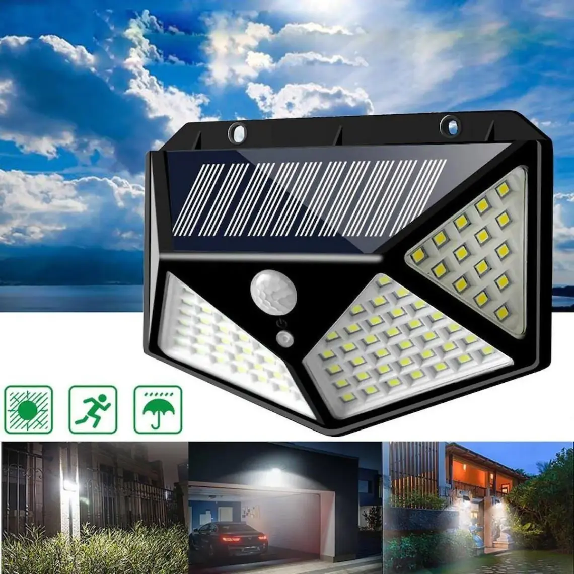 Sge Teknoloji Siyah Solar Güneş Enerjili Hareket Sensörlü 4 Taraflı Bahçe Garaj Ev Aydınlatma Lambası