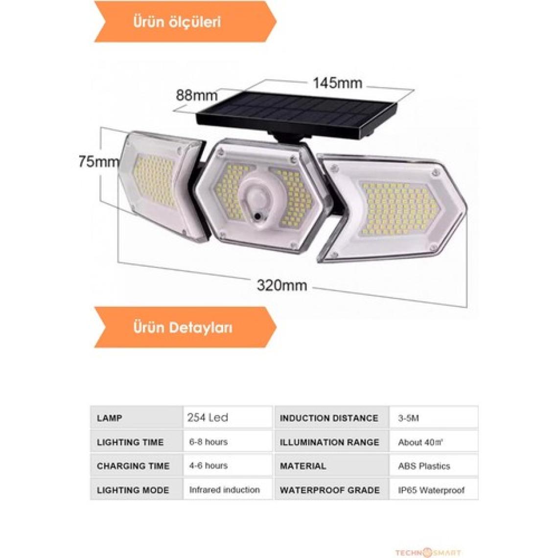 Technosmart 254 Ledli Hareket Sensörlü Solar Projektör Güneş Enerjili LED Bahçe Lambası Şarj Olan
