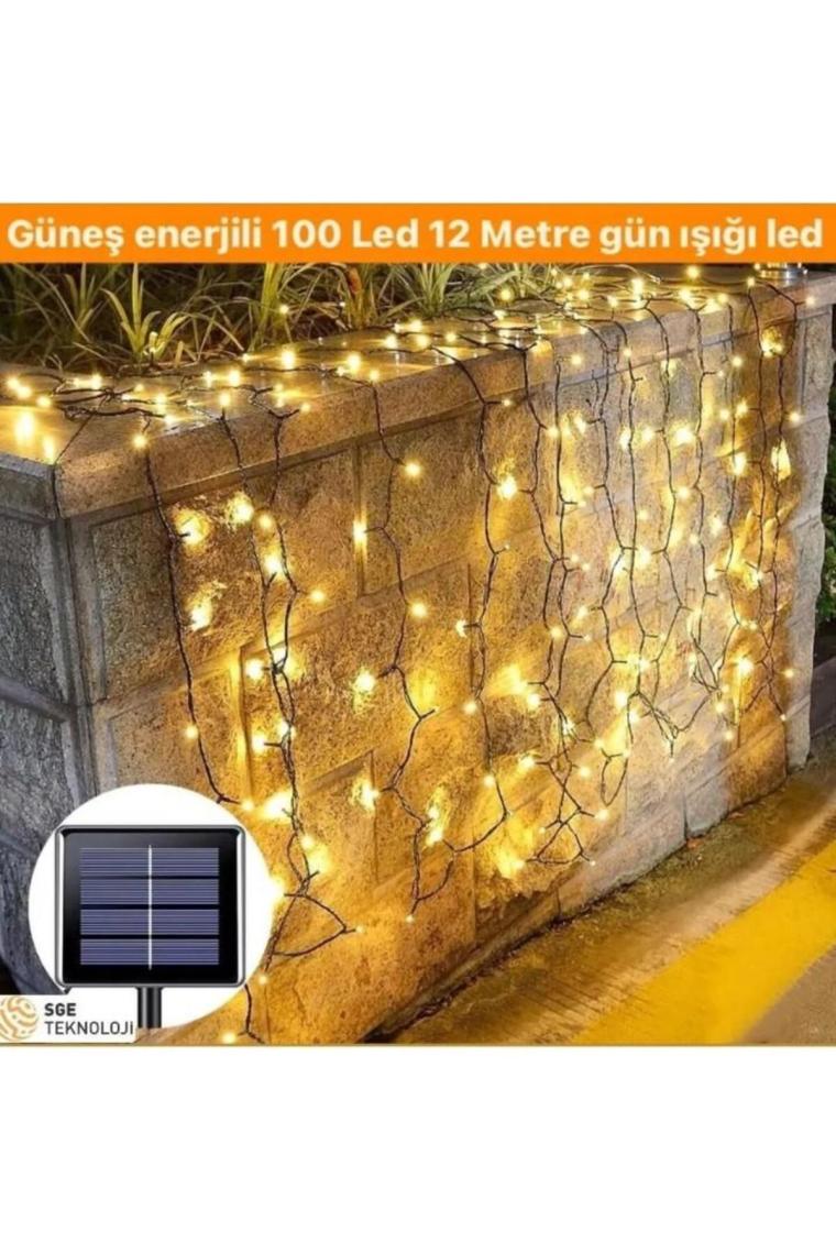 8 Modlu Güneş Enerjili 100 LED 12 Metre Sarı Renk Bahçe Aydınlatması LED Işık