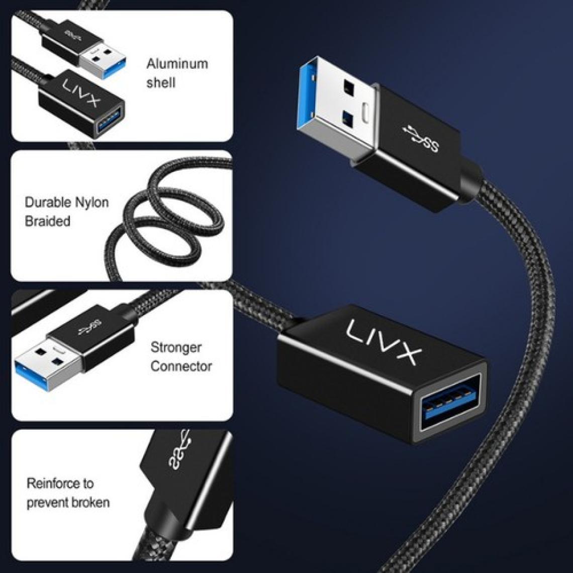 Livx Rope 5gbps Hızlı Veri Aktarımı USB 3.0 Erkek Dişi Uzatma Kablosu Halat Örgülü 2 Metre